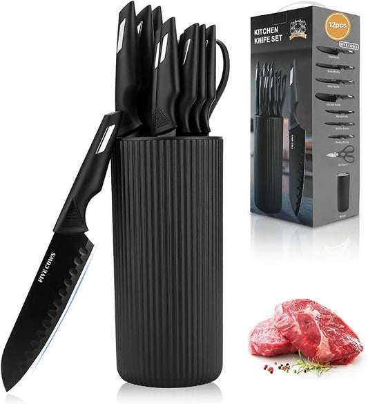 Knife Set,12-Piece Premium Kitchen Knife Set with Universal Knives Block,Anti-Rust Non-Stick High-Carbon Stainless Steel Extra-Sharp Chef Knives for Kitchen,Dishwasher Safe,Non-slip Ergonomic Handle