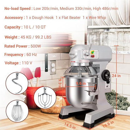 10 QT Dough Mixer, Food Commercial Industrial Grade Stand Mixer with Stainless Steel Bowl and 3 Types of Mixing Tools, Built for Professional Baking: Effortlessly Handles Large Recipes