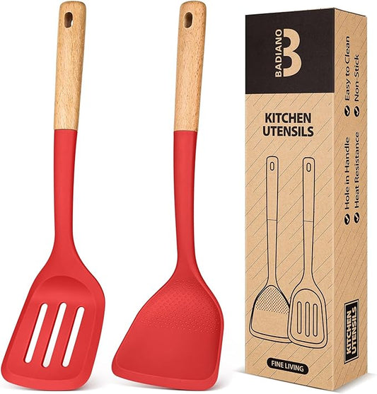 Silicone Wok Spatula Turner Set, Perfect for Scooping, Flipping, Lifting Pancakes and Picking up Veggies, BPA-Free Matte Silicone, Wooden Handles, Safe for Nonstick Cooking Surfaces (Red)