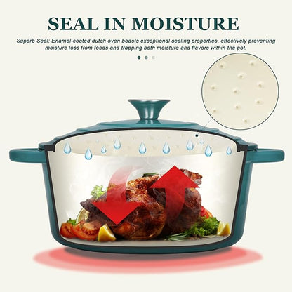 Overmont Enameled Cast Iron Dutch Oven - 7QT Pot with Lid Cookbook & Cotton Potholders - Heavy-Duty Cookware for Braising, Stews, Roasting, Bread Baking bottle green