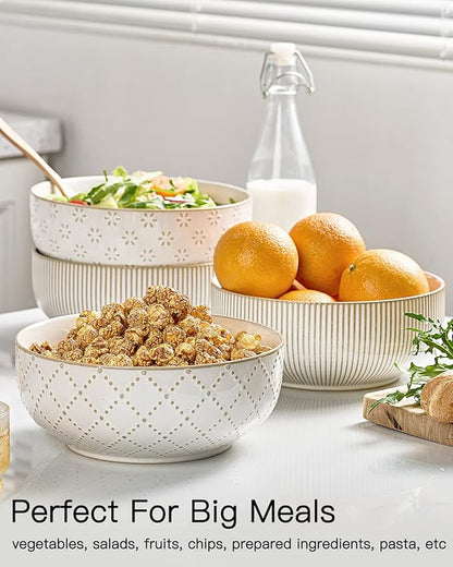 getstar Large Serving Bowls (8 inch & 60 fl oz), Ceramic Salad Bowl Set of 2, Microwave and Dishwasher Safe, Farmhouse Kitchen Decorative Bowls Set (Embossed Stripes & Stars)