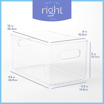 Plastic Food Storage 6 Pack Clear Container Bin with Handles for Organizing Kitchen, Pantry, Fridge, Freezer, Pantry,Bathroom. 10"x6"x5"
