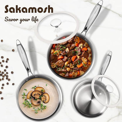 1.5 Quart Tri-ply Stainless Steel Saucepan with Glass Lid, Induction Sauce Pan Compatible with All Cooktops, Non-Toxic Sauce Pot with Stay Cool Handle, Oven & Dishwasher Safe