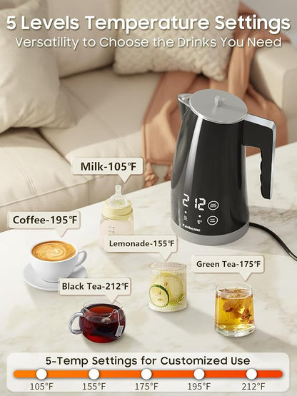 Electric Kettle with 5-Temperature Control,1.25L Cordless,Penguin Shape Design,1200W with Keep Warm and Auto Shut-Off,Perfect for Tea,Coffee & Kitchen(Dark Gray)