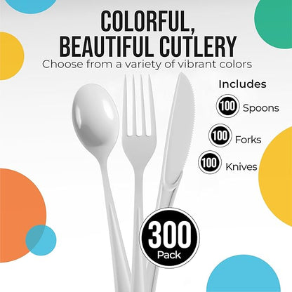 Party Solids White Plastic Silverware Heavy Duty 300 Pieces White Plastic Cutlery Sets, Utensil Sets, 100 Of Each Forks, Knives & Spoons Disposable Cutlery Set, Flatware Set For Party Supplies