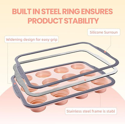 12-Cup Silicone Muffin Pan for Baking - Premium Nonstick Muffin Tin with Metal Reinforced Frame, Easy to Clean Silicone Cupcake Molds, Dishwasher & Oven Safe BPA Free