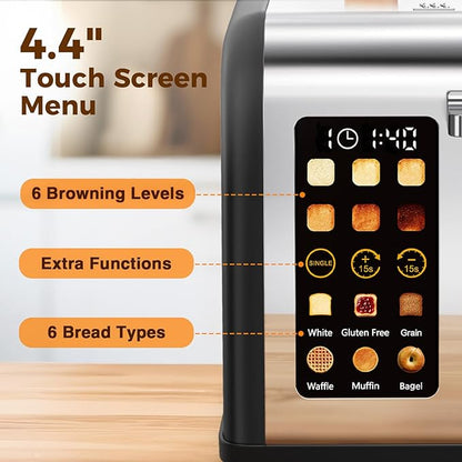 2 Slice Touch Screen Toaster, Stainless Steel Toaster with Wide Slots for Bagels and Bread, Reheat/Defrost/Cancel Functions, Removable Crumb Tray, Matt Black