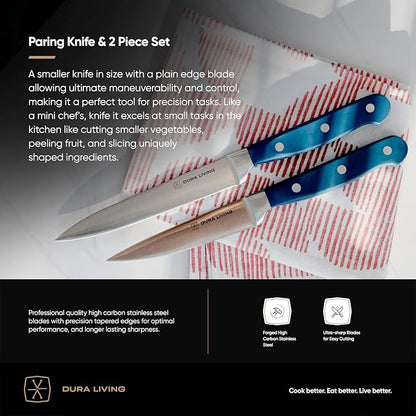 DURA LIVING 3.5 Inch Paring Knife – Essential High Carbon Stainless Steel, Razor-Sharp, Multipurpose Small Kitchen Knife, Ergonomic Handle, Perfect for Precision Tasks, Royal Blue