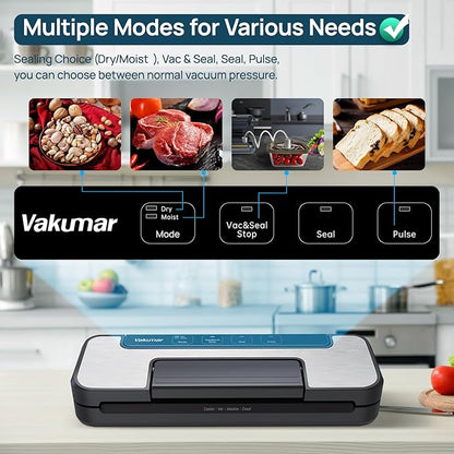 Vakumar Vacuum Sealer Machine, 80Kpa Food Vacuum Sealer Machine with Double Pump, Dry,/Moist, Pulse Mode, Handle Locked Design, LED Indicator Light & Cutter,12MM Widened Heating Strip