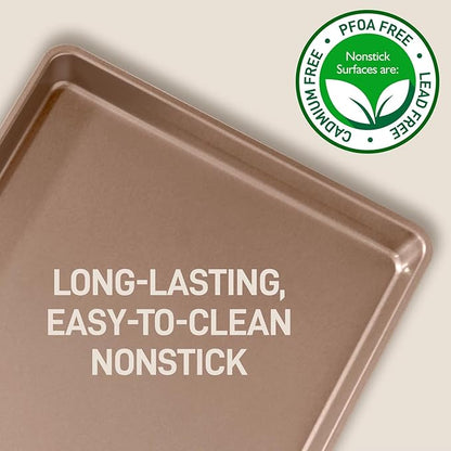 NutriChef 3-Piece Nonstick Baking Pans Set - Thick Carbon Steel Oven Bake Trays - Includes XL, Medium, & Small Sizes - Versatile Cookie Sheets for Baking & Roasting, Dishwasher Safe - Gold