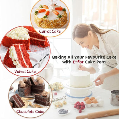 9½ Inch Cake Pan Set of 3, E-Far Stainless Steel Round Layer Cake Baking Pans with Parchment Rounds & Side Liner Roll, Non-Toxic & Healthy Metal Cakes Tin, Straight Side & Dishwasher Safe