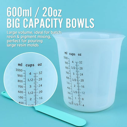 Silicone Resin Mixing 1L Measuring Cup Set for Resin Supplies, Easy-to-Read Marks, 1000ml/32oz Large Cup, 500&250&100ml Thickened Reusable Silicone Cups for Epoxy Mixing, Jewelry Making