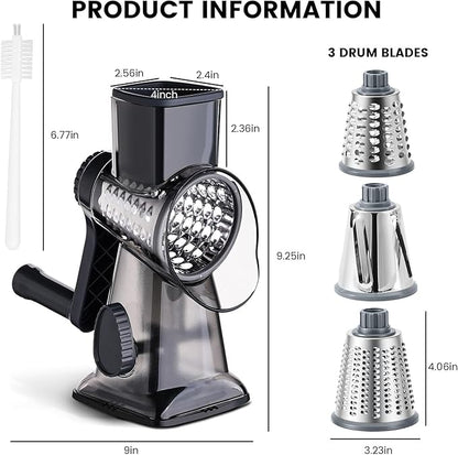 HANSGO Rotary Cheese Grater Hand Crank, Shredder Slicer Grinder, 3 Large Diameter Metal Blades & Cleaning Brush, Non-slip Suction Base, Labor-Saving Handle, Kitchen Gadgets for Cheese, Vegetable, Nuts