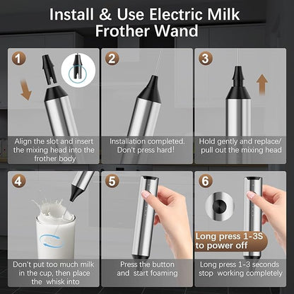 Rechargeable Milk Frother with Stand, Electric Frother Wand Handheld Coffee Foam Maker Detachable Stainless Steel Whisk Drink Mixer Foamer for Latte, Cappuccino, Hot Chocolate, Egg (Silver)