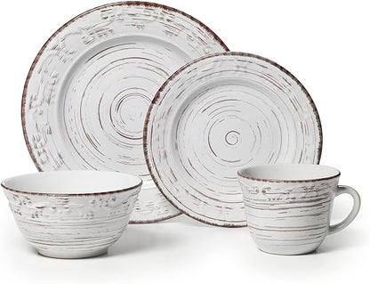Pfaltzgraff Trellis White 16-Piece Stoneware Dinnerware Set, Service for 4, Distressed White Finish, Microwave & Dishwasher Safe Plates and Bowls