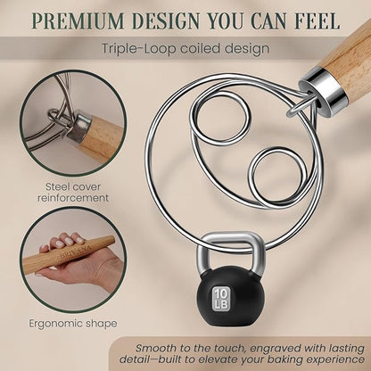 13-Inch Danish Dough Whisk, Wooden Handle with Stainless Steel Double Loop Dough Hook, Dough Whisk for Sourdough, Pizza, Cake Batter
