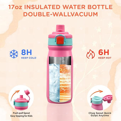 Bento Lunch Box for Kids With 8oz Thermo, Leakproof Bento Box with with 2 Compartments, Insulated Bottle, Lunch Bag, BPA Free Dishwasher Safe for School Girls Boys (Pink)