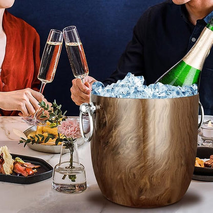 Ice Bucket with Lid, Scoop, Tongs and Strainer - Well Made Insulated Stainless Steel Keep Ice Frozen Longer - Ideal for Cocktail Bar, Parties, Chilling Wine, Champagne - 3 Liter (Teakwood)