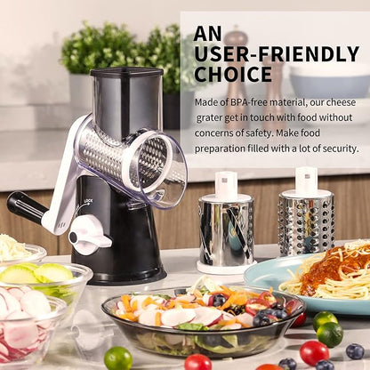 Rotary Cheese Grater, 3 in 1 Cheese Shredder Grater Rotary with Handle, Vegetable Mandoline Slicer Shredder for Vegetable, Cheese, Nut