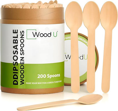 Disposable Wooden Spoons by WoodU | 100% All-Natural, Eco-Friendly, Biodegradable, and Compostable - Pack of 200-6.5" Spoon