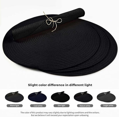 FunWheat Round Braided Placemats Set of 6 Place mats for Dining Tables Woven Heat Resistant Table Mats 15 inch (Black,6pcs)