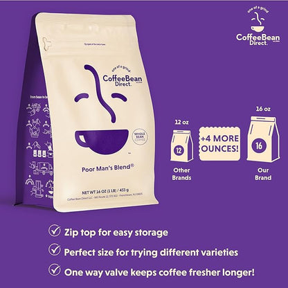 Coffee Bean Direct Poor Man's Blend®, Whole Bean Coffee, Medium Roast, 1 Pound Bag (Pack of 1)