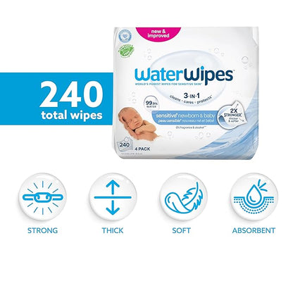 WaterWipes Sensitive+ Newborn & Baby Wipes, 3-In-1 Cleans, Cares, Protects, 99.9% Water, Unscented & Hypoallergenic, 240 Count (4 Packs)