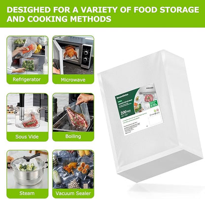 Bonsenkitchen Precut Vacuum Sealer Bags 200 Quart 8" x 12", BPA Free, Commercial Grade Textured Food Vacuum Sealer Bag, Thick Embossed Bags for Storage and Sous Vide Cooking VB3208