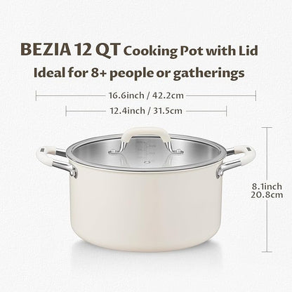 12 Quart Tri-Ply Stainless Steel Stock Pots with Lid, BEZIA Induction Soup Pot with Lid, Large Kitchen Cooking Pots with Silicone Handle, Compatible with All Cooktops, Free of PTFE/PFOA/PFOS