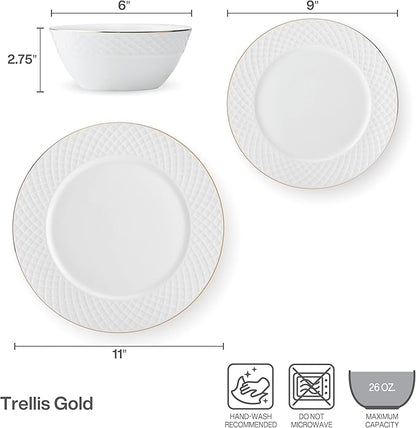 Mikasa Trellis Gold Rim Bone China Lightweight Chip Resistant 12 Piece Dinnerware Set, Service for 4