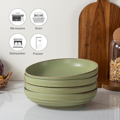 HAPPY KIT 9'' Large Pasta Bowls, 42 Oz Salad Bowl Set of 4, Stoneware Reactive Glaze Serving Bowls for Dessert, Soup, Fruit, Noodle, Scratch Resistant, Meadow Green