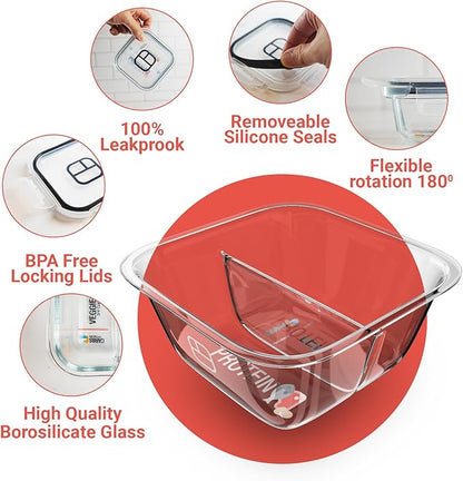 Portion Control Containers for Bariatric Meals – 8 oz Glass Meal Prep Containers with Two 4 oz Compartments and Lids (3 Pack), Reusable Bento Lunch Boxes