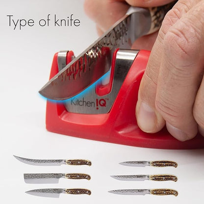 KitchenIQ 50883 - Edge Grip 2-Stage Knife Sharpener - Red - Coarse & Fine Sharpeners - Compact - Stable Non-Slip Base - Soft Grip Rubber Handle - Straight & Serrated Knives