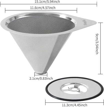 Mongdio Pour Over Coffee Dripper, Stainless Steel Coffee Dripper, Reusable Metal Coffee Filter, Double Mesh Design of Pour Over Coffee Maker, With Removable Base.1-4 Cups