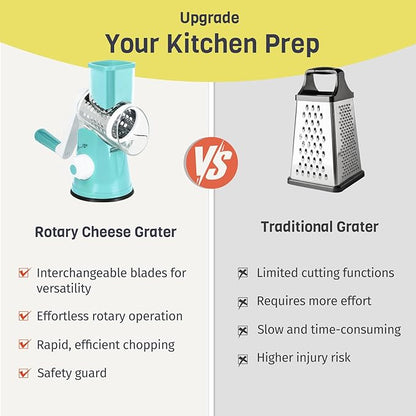 X Home Rotary Cheese Grater for Kitchen, Shredder with 3 Interchangeable Blades, Rotary Grater with Handle and Strong Suction Base, for Vegetables, Fruit, Nuts, Easy to Use and Clean, Blue