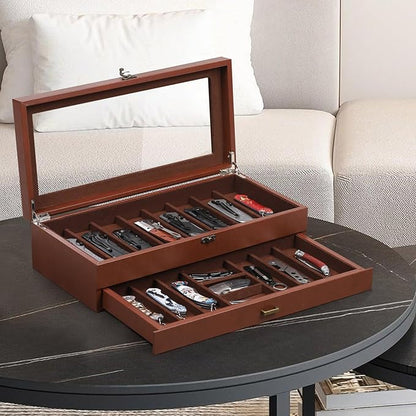AUTOARK 2-Tier PU Leather & Velvet Knife Organizer with 17 Slots,Transparent Glass Top & Drawer,Compact Storage for Pocket Knives,Perfect for Men's Collections & Gifts,Coffee,MKAW012