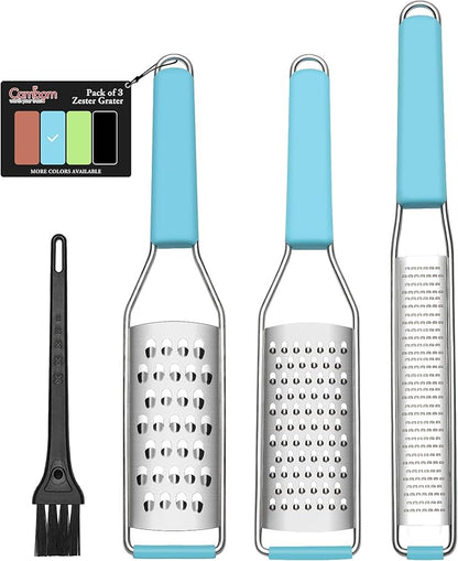 Cambom Lemon Zester Grater Three-piece Suit - Heavy Duty Kitchen Tool for Parmesan Cheese, Ginger, Garlic, Nutmeg, Chocolate, Vegetables，Fruits，Stainless Steel Grater Dishwasher Safe Blue