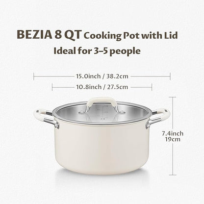 8 Quart Tri-Ply Stainless Steel Stock Pots with Lid, BEZIA Induction Soup Pot with Lid, Large Kitchen Cooking Pots with Silicone Handle, Compatible with All Cooktops, Free of PTFE/PFOA/PFOS