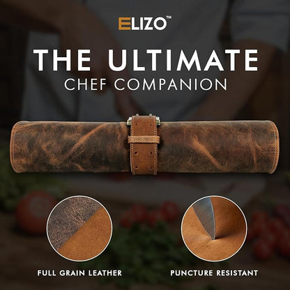 ELIZO Leather Knife Roll Bag Professional Chef Knife Case, Durable Knife Sheath Holder, Cooks & Culinary Tools Carrying Storage, Portable Knife Wrap - 4 Slots (Saddle)