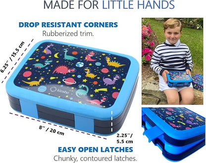 Bento Lunch Box with Bag, Water Bottle & Ice Pack Set for Kids Toddlers, 4 Portion Sections, Removable Tray, Pre-School Boy Toddler Daycare Lunches, Insulated Snack Container, Blue Space Dinosaur