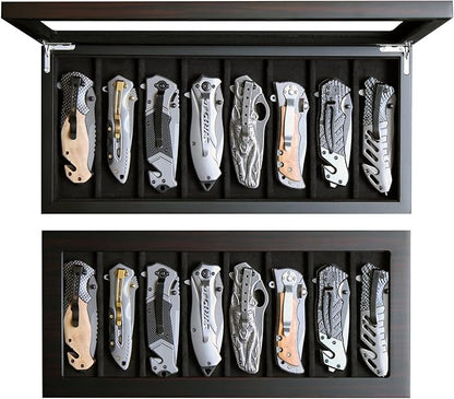 Knife Display Case Organizer storage 8 pocket knives, Folding Knife Holder with Real Glass Window Top， Pocket knife collection box for men gift (Ebony Veneer 8 slot)