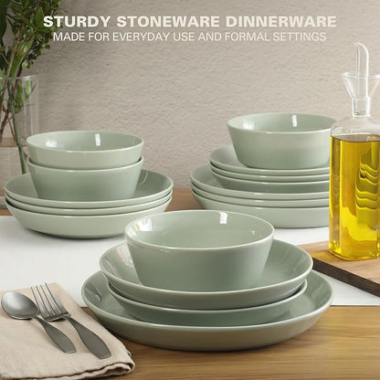 Gibson Home Summer Shades 16 Piece Plates and Bowls Dishes Service for 4 Porcelain Dinnerware Set - Green