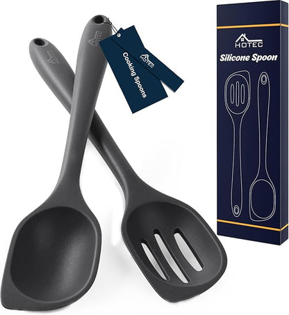 HOTEC Heat Resistant Silicone Cooking Spoon Spatula, Large Kitchen Solid and Slotted Spoons for Mixing, Serving, Scraping, Non-stick, Dishwasher Safe Black 12.5inch