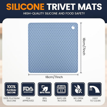 Silicone Trivet Mats 4 Heat Resistant Pot Holders Multipurpose Non-Slip Hot Pads for Kitchen Potholders, Drying mat, Jar Opener, Spoon Holder, Coaster.(Blue)