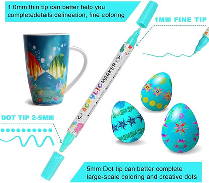 60 Colors Acrylic Paint Pens, Dual Tip Acrylic Paint Markers for Paper, Wood, Canvas, Stone, Rock Painting, Glass, Fabric, DIY, Ceramic, Art Supplies for Kids and Adults Drawing (Dot + Fine)
