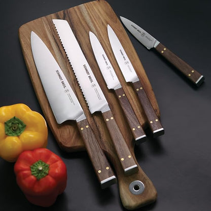 Brass and Walnut 6-piece Knife Block Set, High-Carbon German Stainless Steel Multipurpose Kitchen Cutlery with Midtown Storage Block