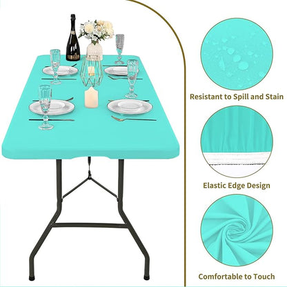 6 Pack Fitted Tablecloth for 6 Foot Rectangle Tables, Aqua Blue Elastic Outdoor Picnic Table Cover, Washable Stretch Folding Table Cloths 6 ft for Camping Party Patio Kitchen Banquet, 30" W x 72" L