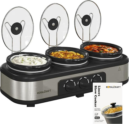 Sunvivi Slow Cooker with 10 Cooking Liners, Triple Slow Cooker Buffet Server 3 Pot Food Warmer for Parties with 3 Spoons ? Lid Rests,Adjustable Temp, 3 * 1.5 Quarts Silver