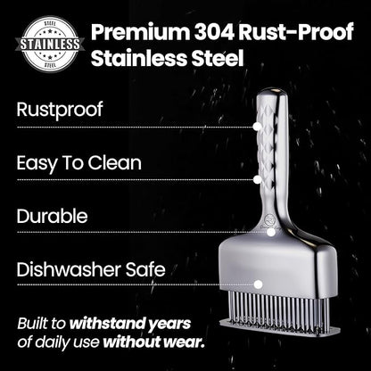 Meat Tenderizer Tool – Hassle Free Extra Long Handle, Rustproof One-Piece Meat Tenderizer Mallet & Hammer, Stainless Steel Blade Needle, Steak Cooking Accessories, No Assembly Needed, 5-Year Warranty