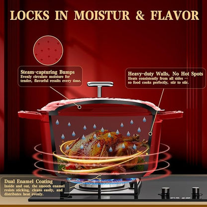Dutch Oven Pot with Lid - Cast Iron Dutch Oven for Bread Baking Sourdough, Casserole and Braiser with Crab Lid, Square Knob, Nonslid Handles - Red